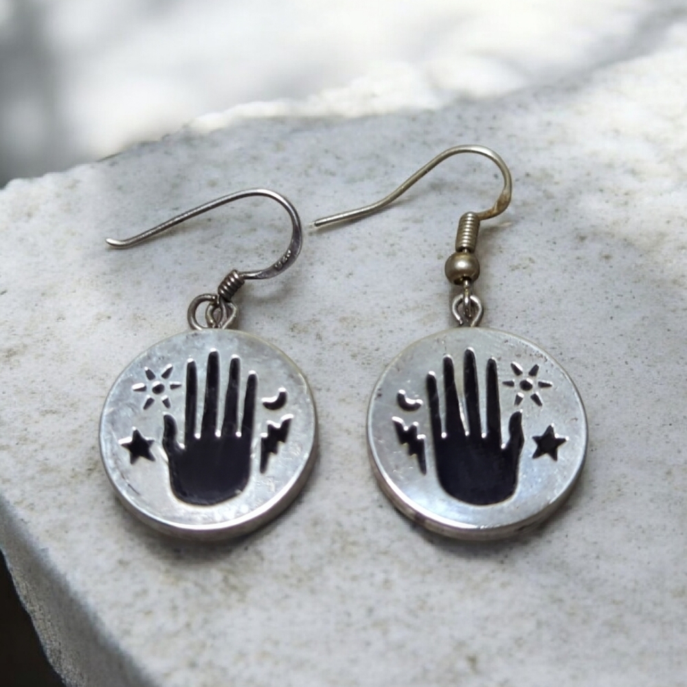 Hamsa Hand Dangle Earrings – .925 Hooks, Celestial Protection Disc